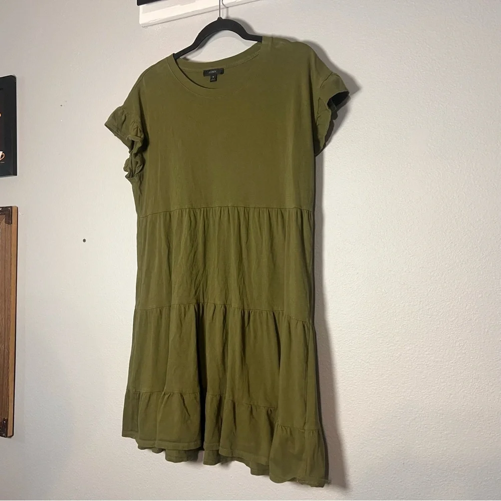 J. Crew Mini Dress Olive Green Tiered Cotton Short Sleeve Size Medium